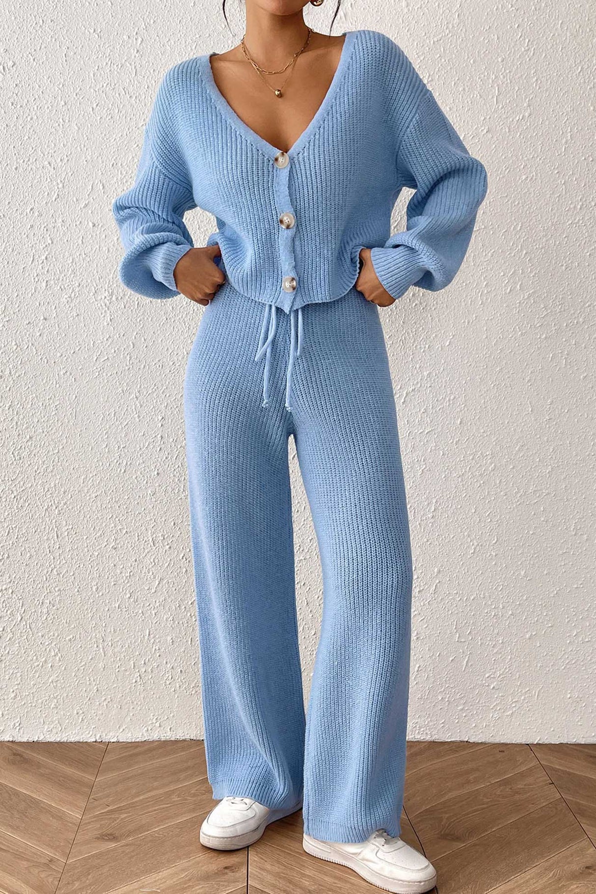 Button-down Crop Cardigan Pants Set