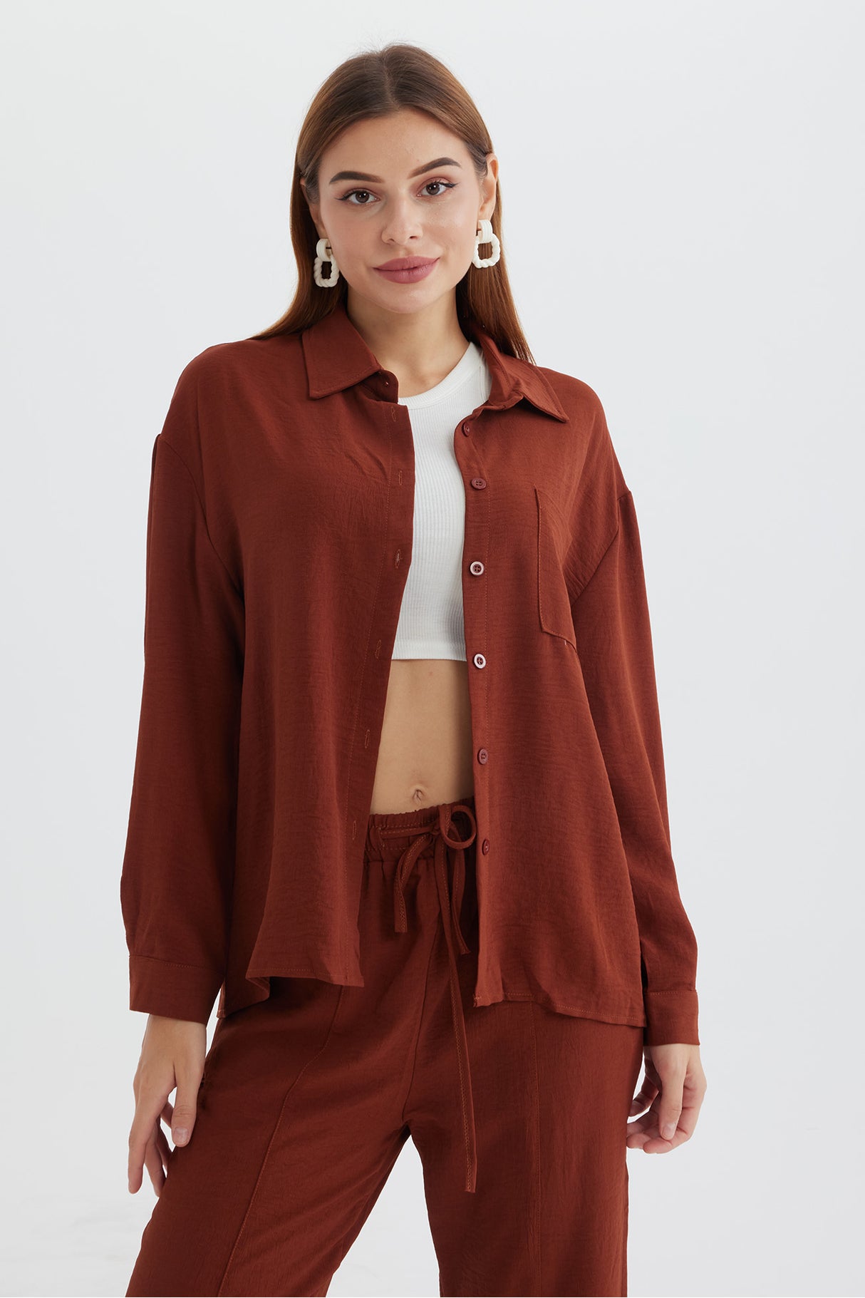 Long Sleeve Solid Color Shirt Long Pants Set