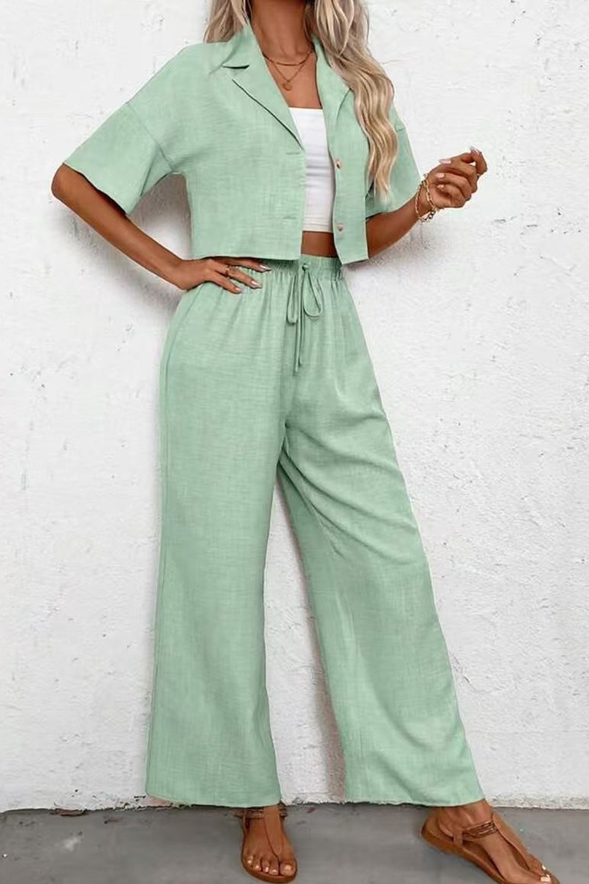 Button-down Crop Shirt Long Pants Set