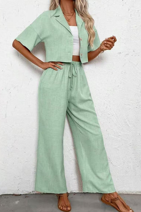 Button-down Crop Shirt Long Pants Set