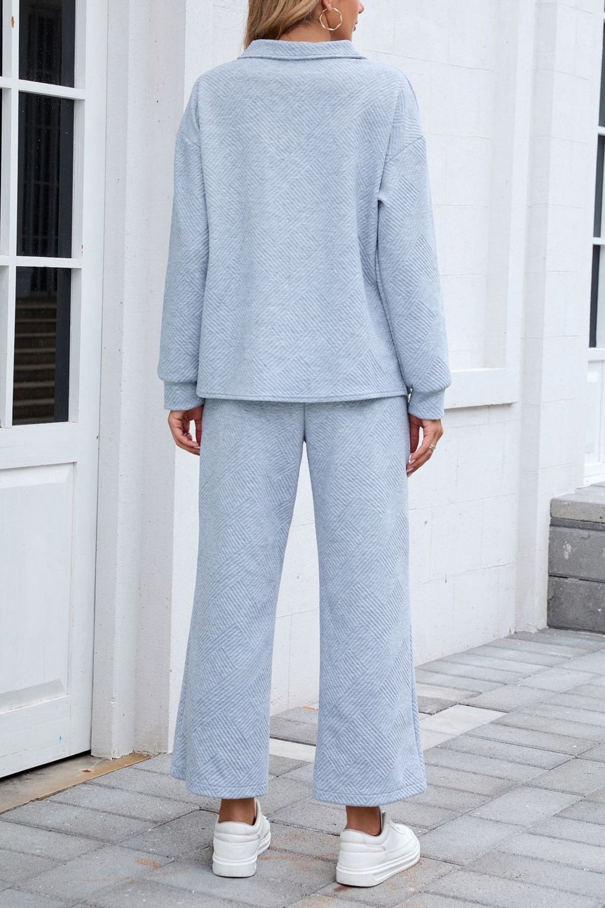 Lapel Long Sleeve Textured Sweashirt Set