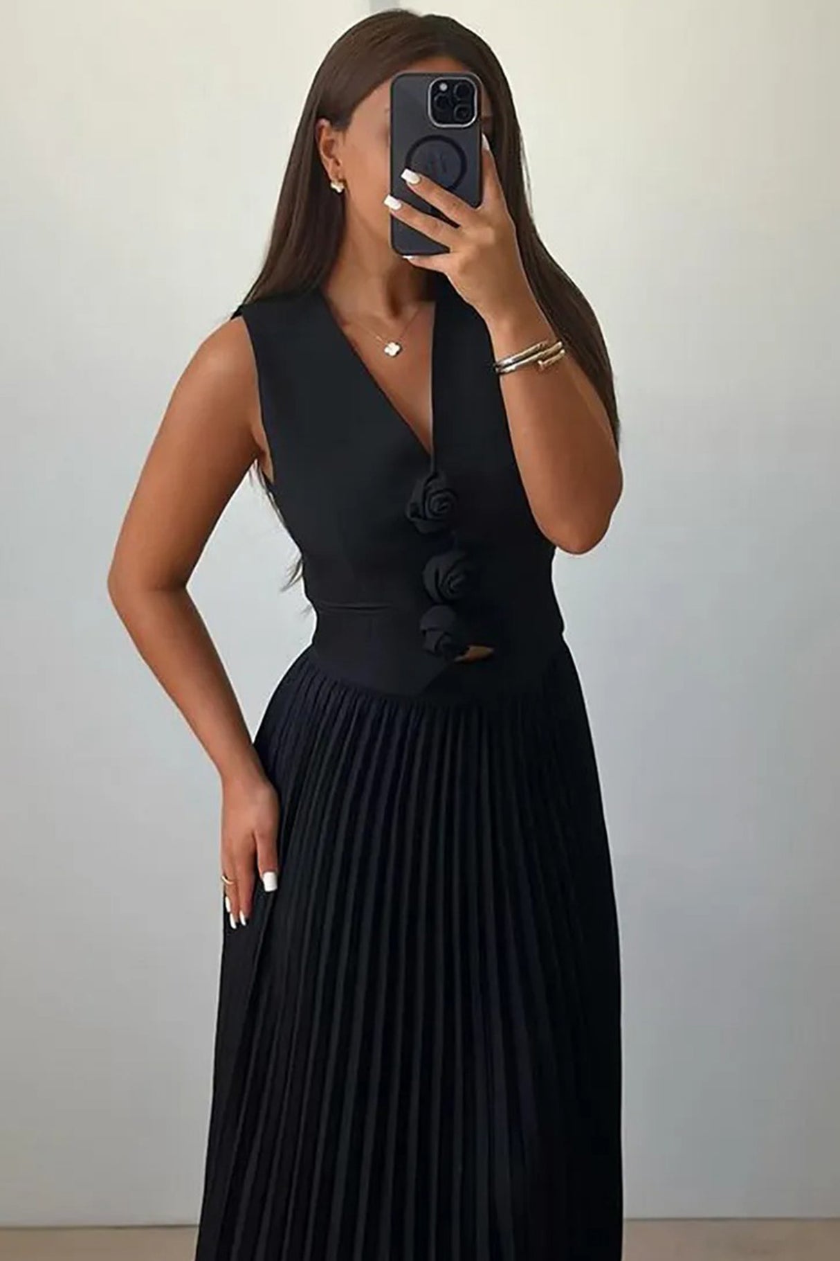 3D Floral Vest Pleated Maxi Skirt Set