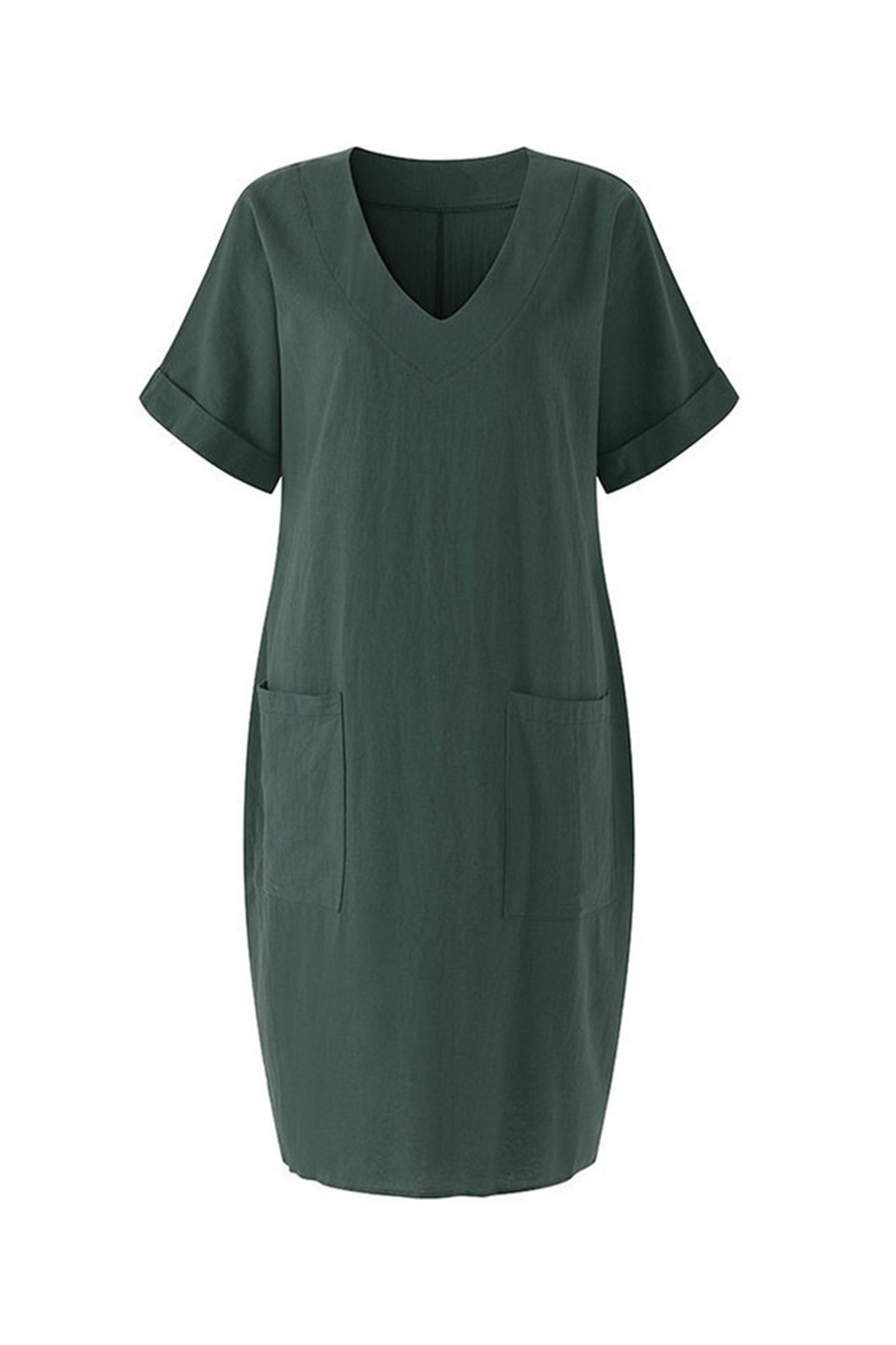 Arolora V-Neck Short Sleeve Pocketed Cotton Dress