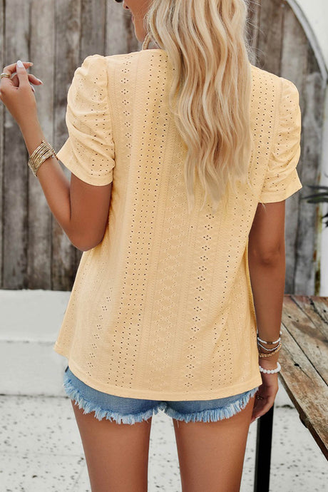 Arolora Square Neck Puff Sleeve Hollow Out Blouse