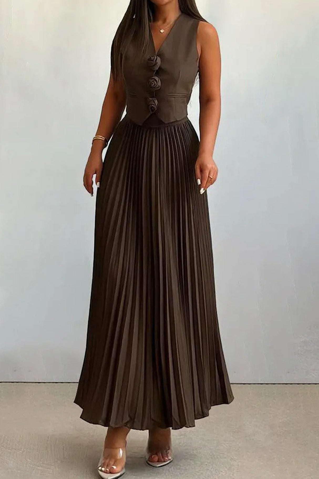 3D Floral Vest Pleated Maxi Skirt Set