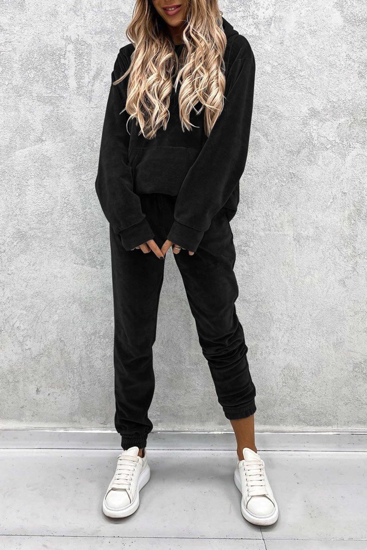 Velour Solid Color Hoodie Long Pants Set
