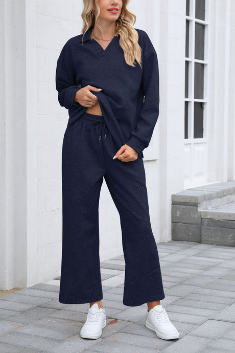 Lapel Long Sleeve Textured Sweashirt Set