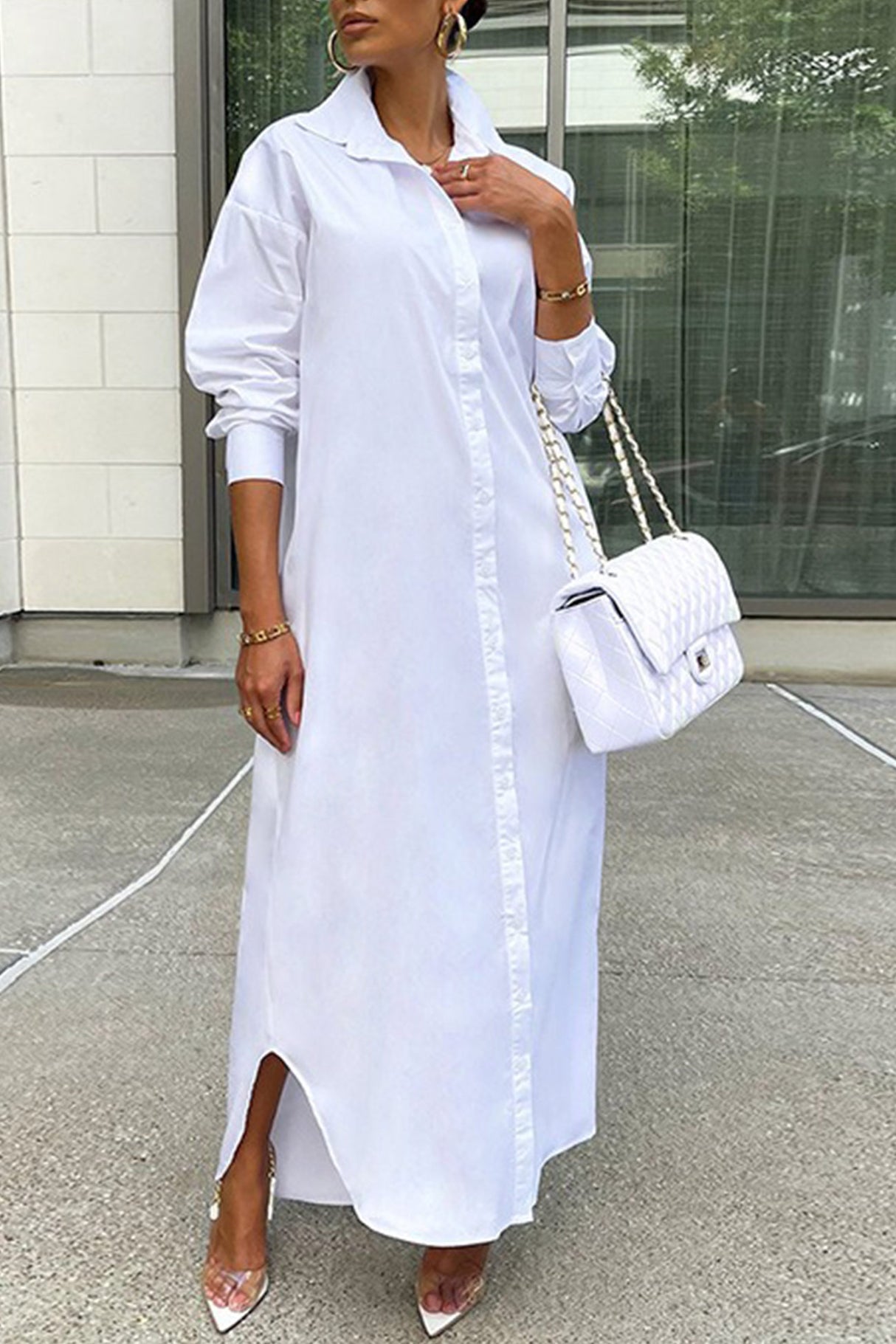 Solid Color Single-breasted Long Blouse