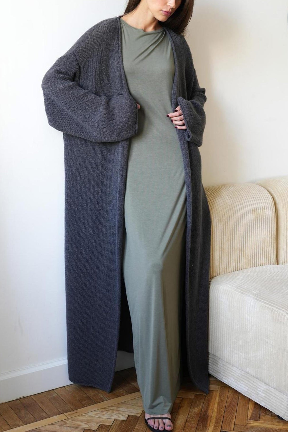 Solid Color Open Front Long Cardigan
