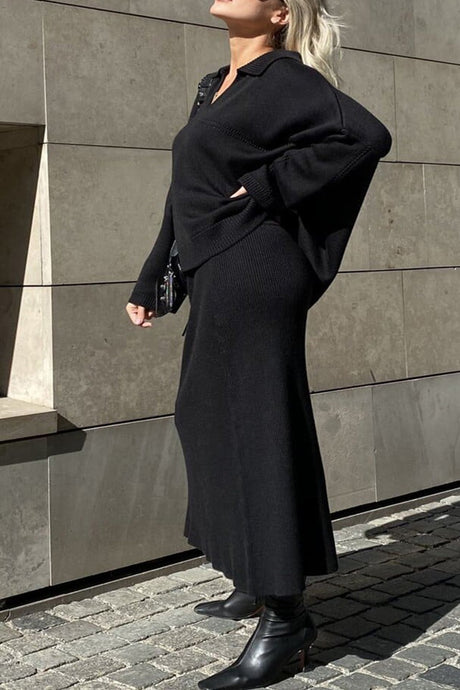 Lapel V Neck Sweater Skirt Set