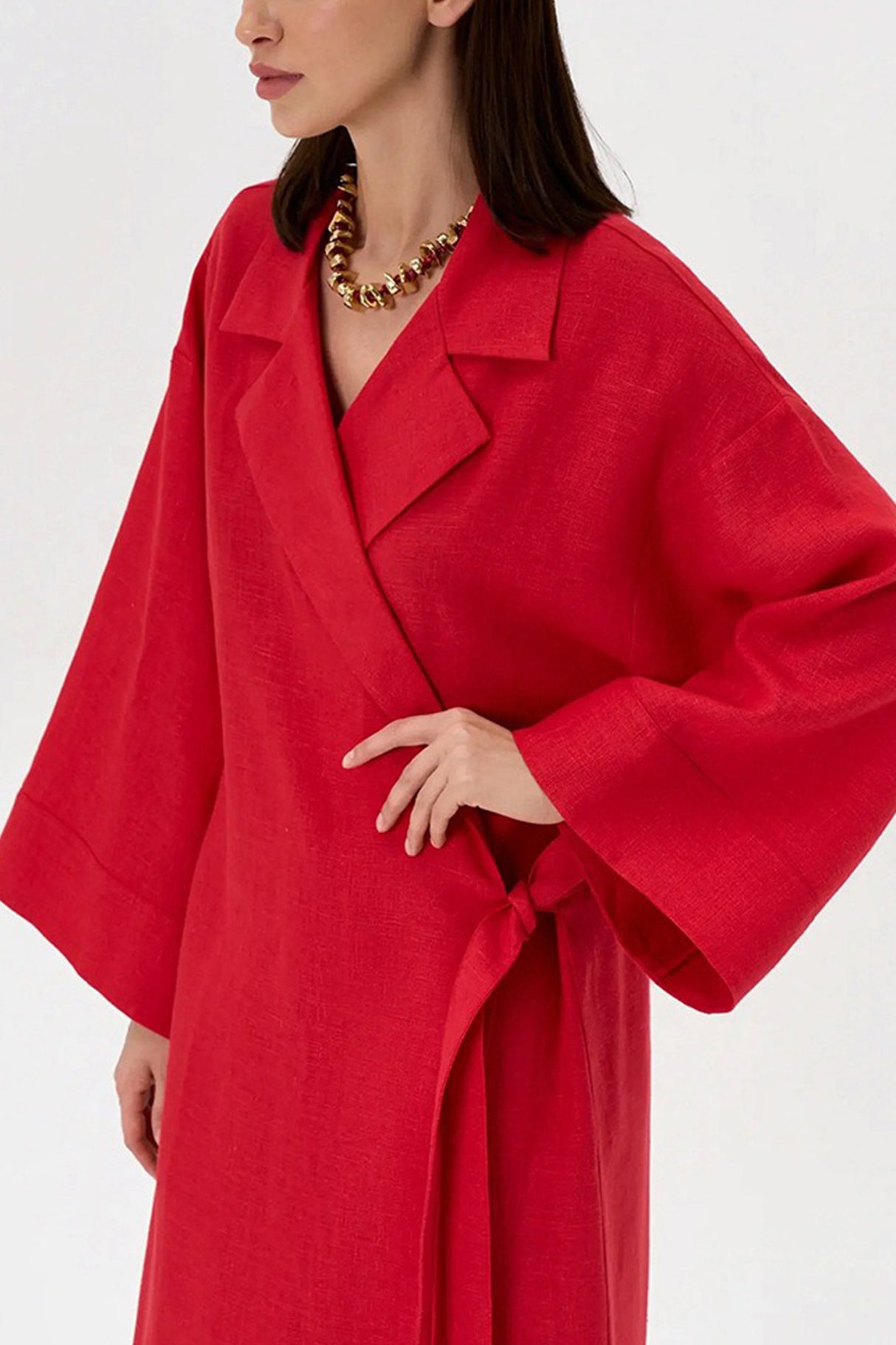 Lapel Tie-up Cotton Linen Dress