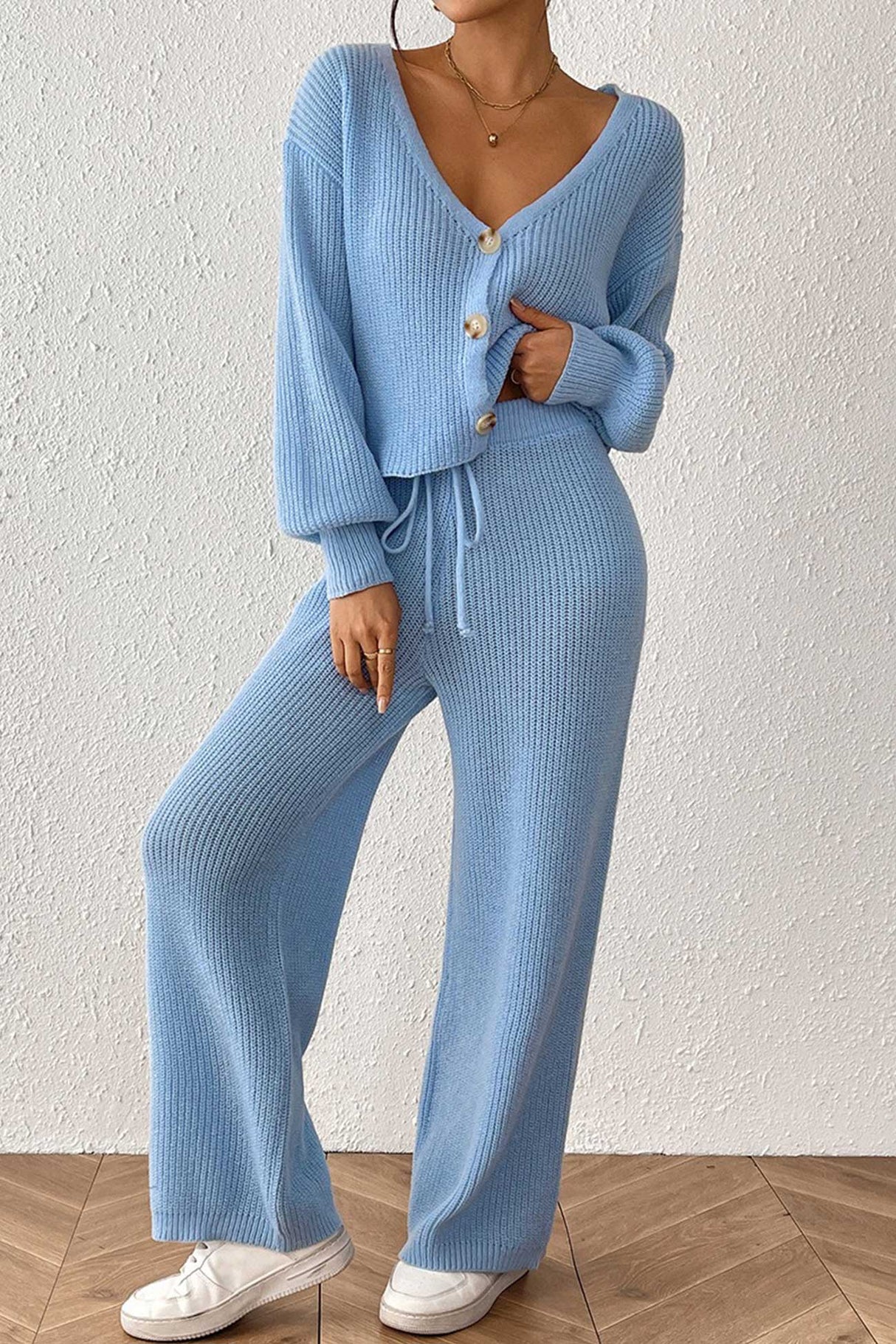 Button-down Crop Cardigan Pants Set