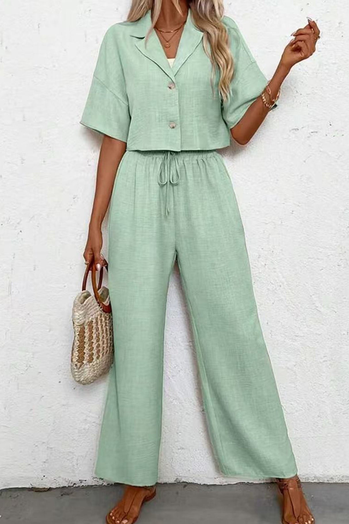 Button-down Crop Shirt Long Pants Set
