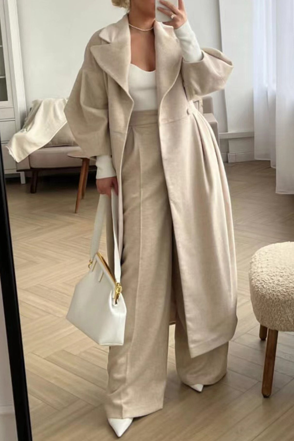 Lapel Lantern Sleeve Button-down Long Coat