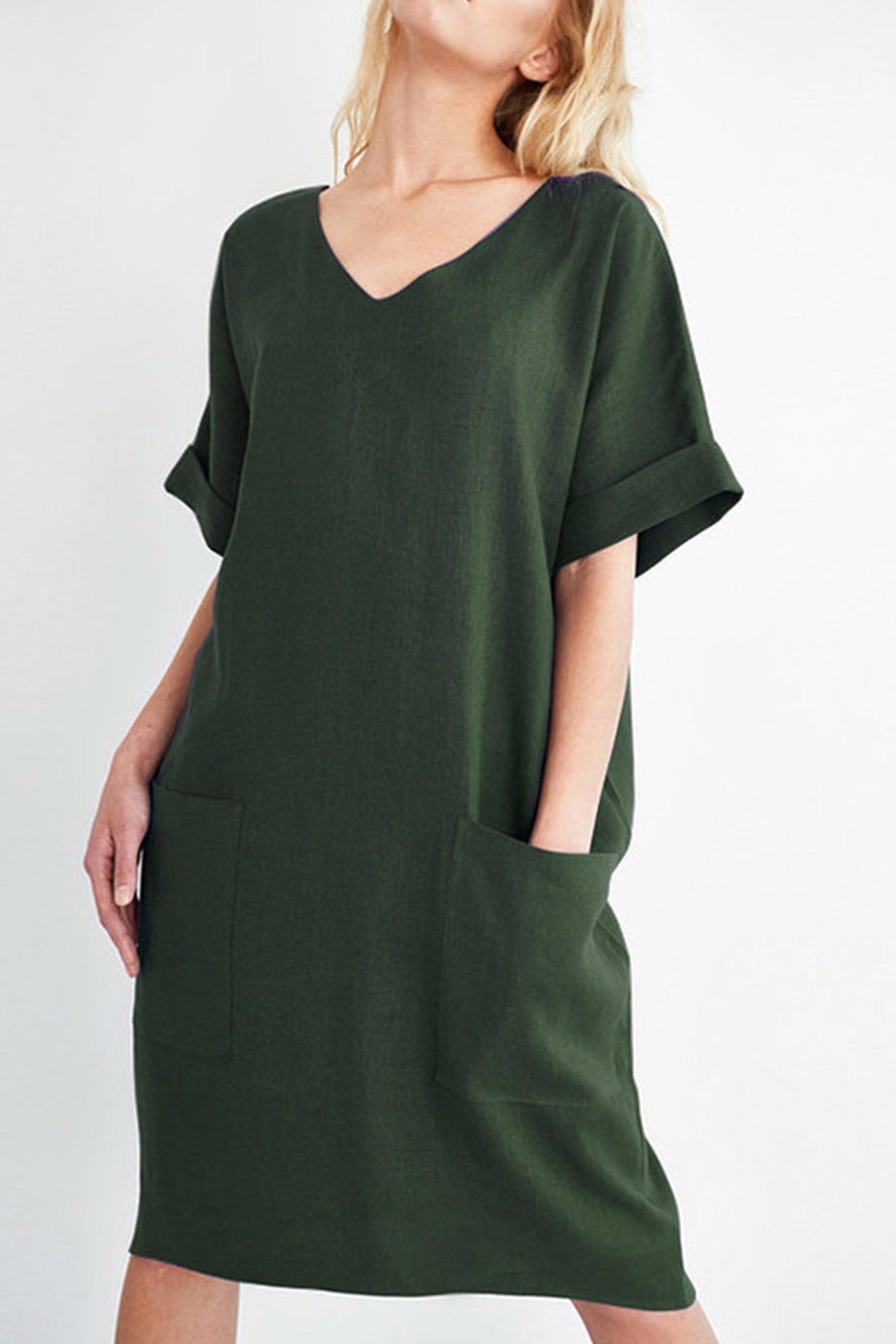 Arolora V-Neck Short Sleeve Pocketed Cotton Dress