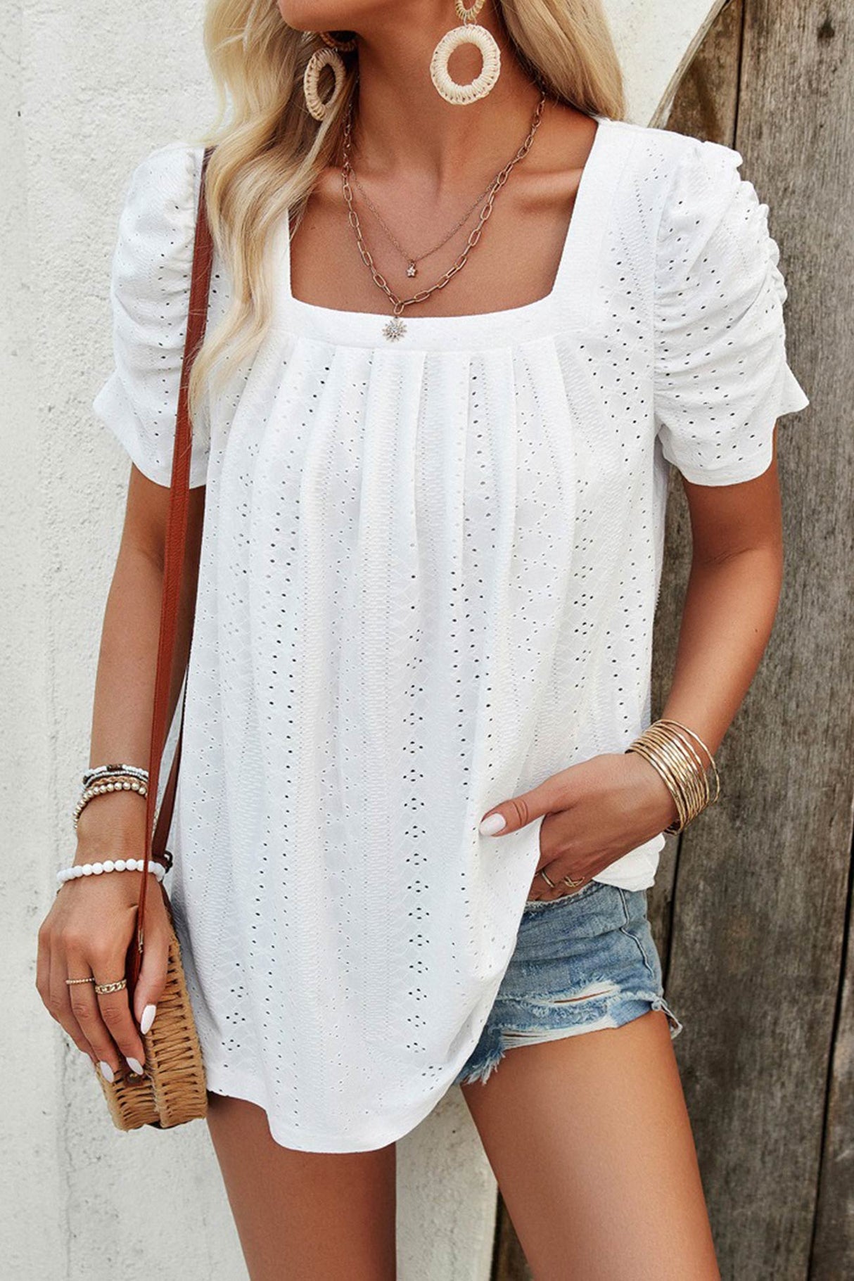 Arolora Square Neck Puff Sleeve Hollow Out Blouse