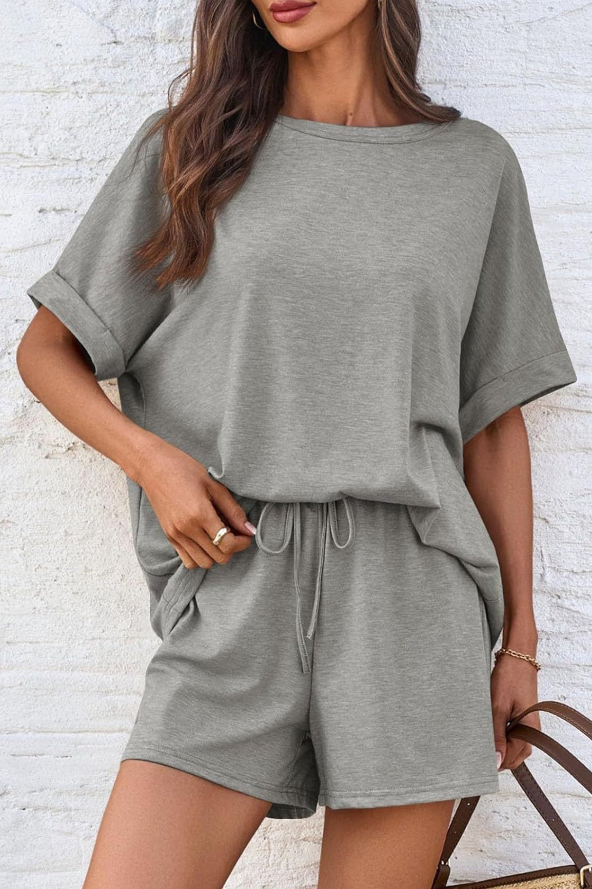 Arolora Solid Color Bat Sleeve T-shirt Shorts Set