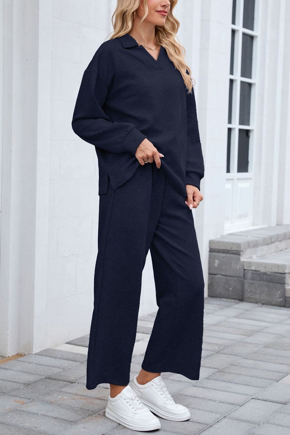 Lapel Long Sleeve Textured Sweashirt Set