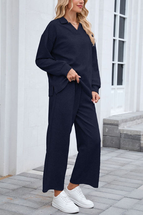 Lapel Long Sleeve Textured Sweashirt Set