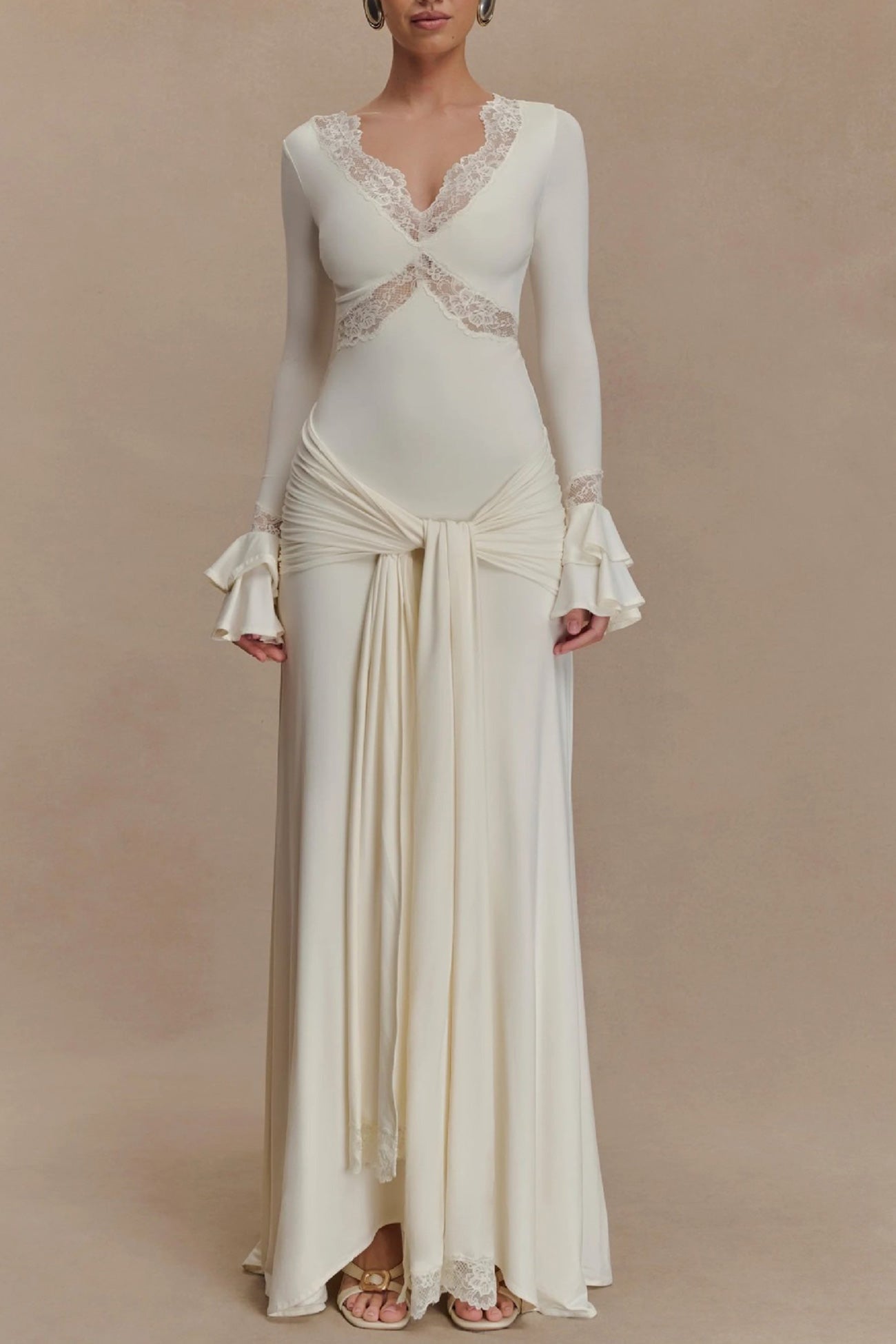 Lace Patchwork Flare Sleeve Tie-up Maxi Dress