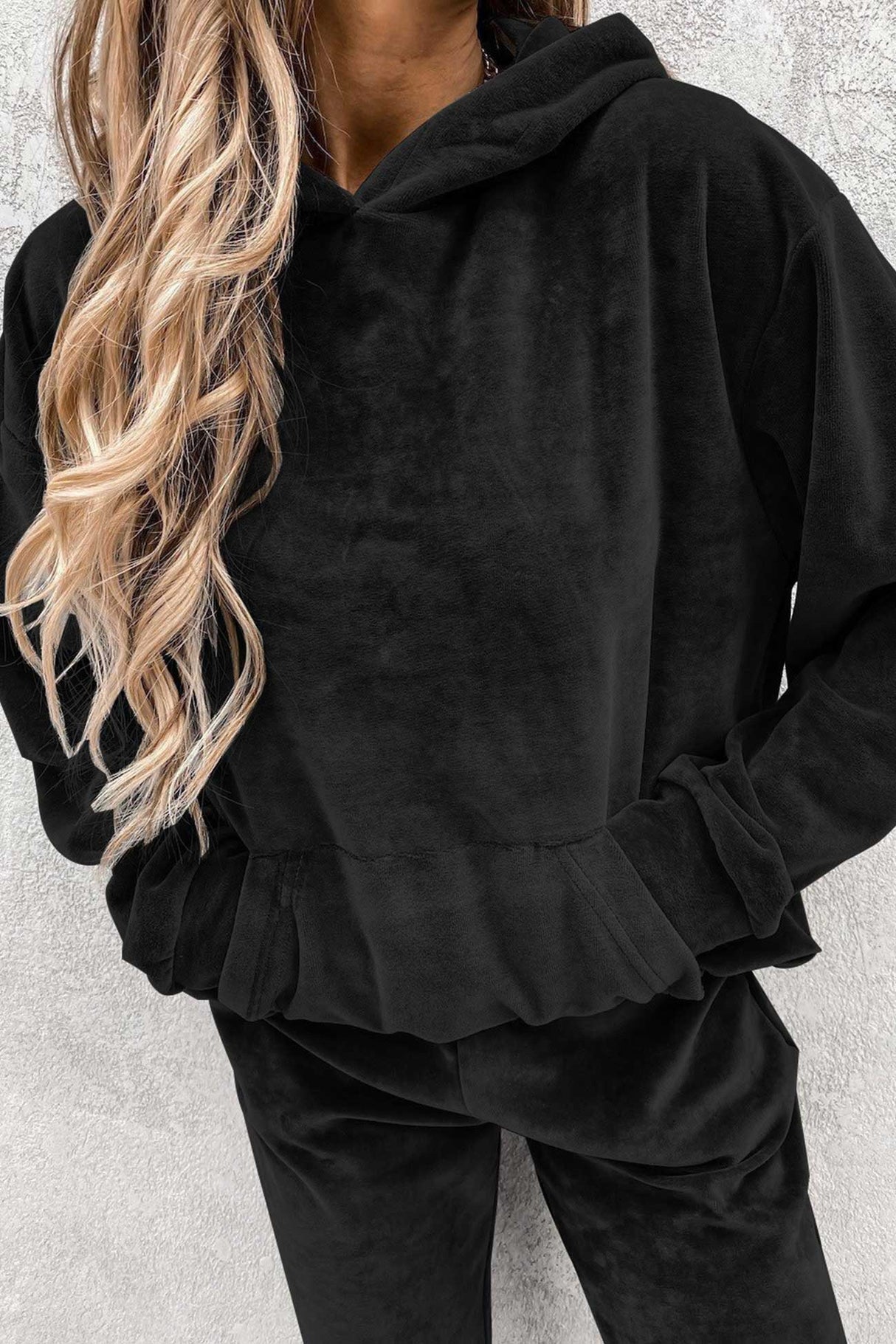 Velour Solid Color Hoodie Long Pants Set