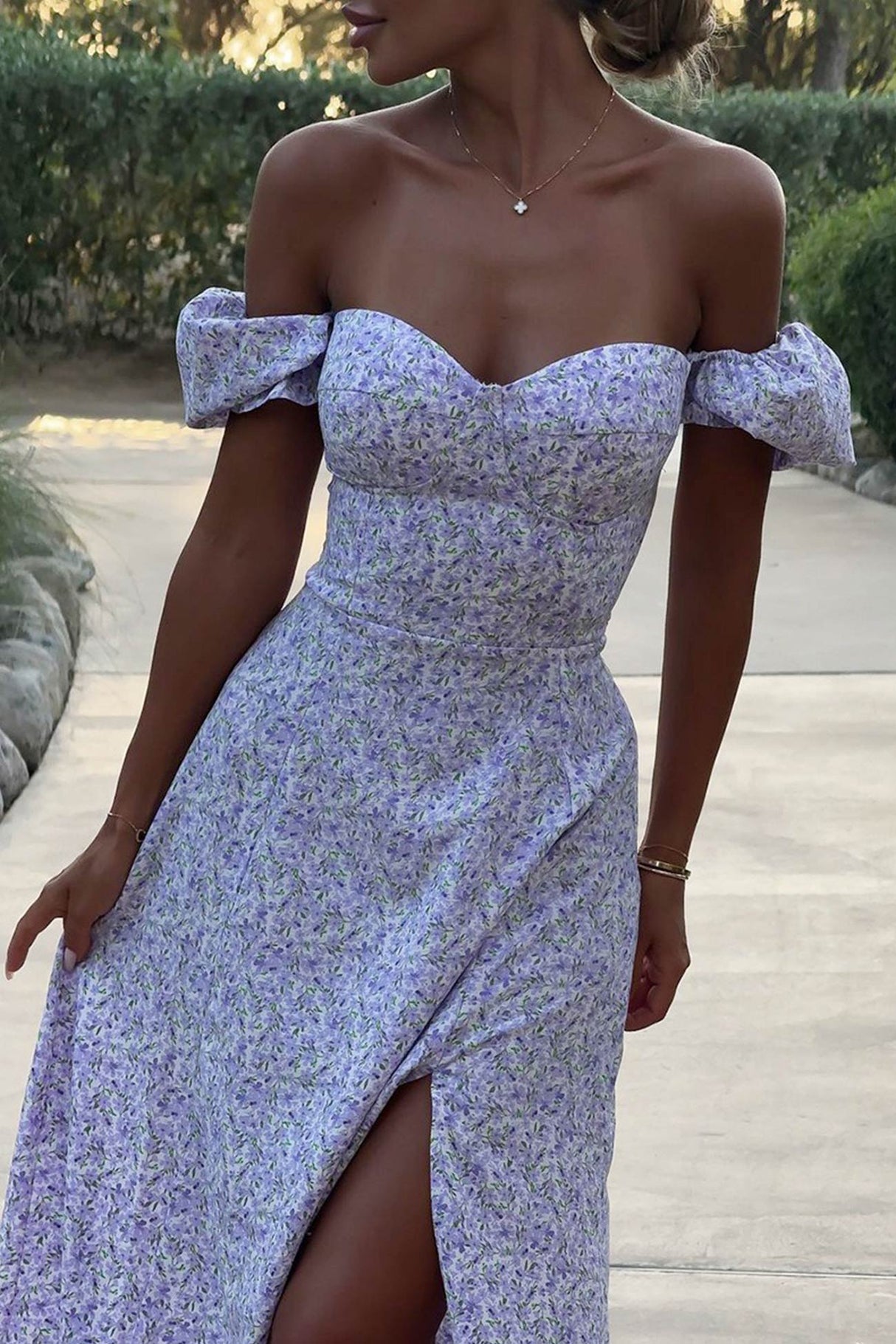 Floral Puff Sleeve Tie-back Slit Dress