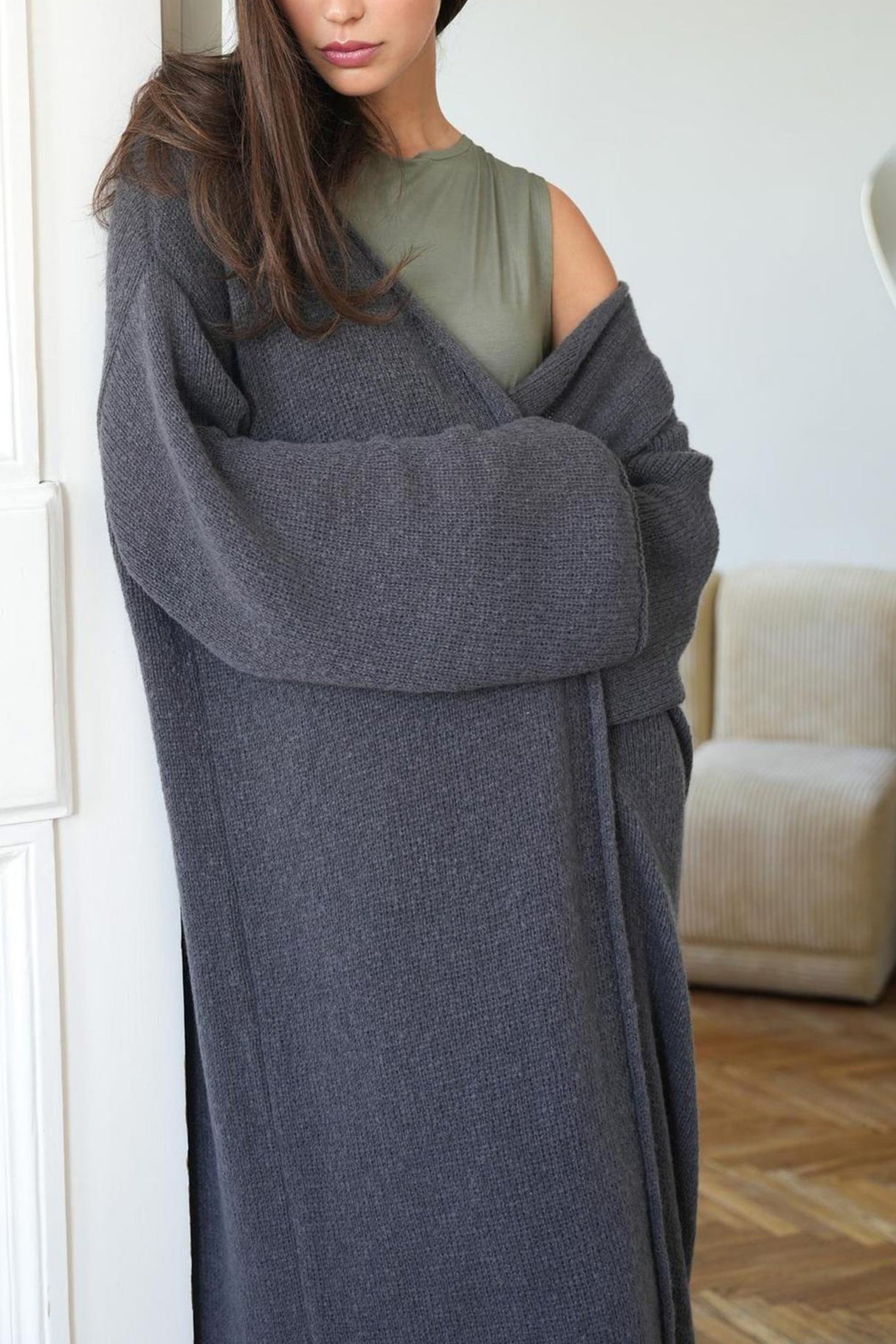 Solid Color Open Front Long Cardigan