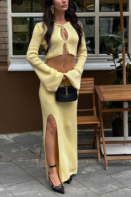 Tie-up Flare Sleeve Cardigan Knitted Skirt Set
