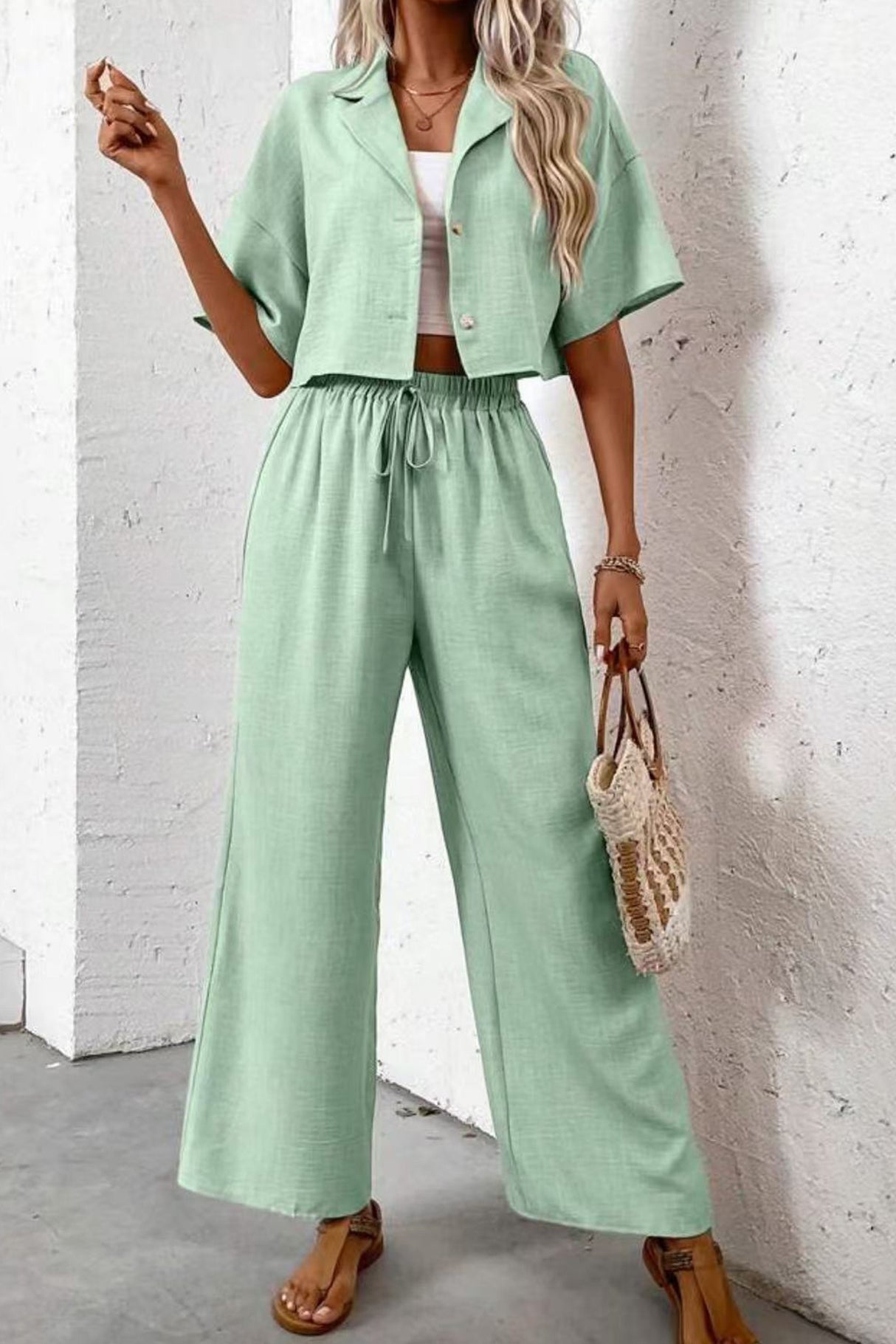 Button-down Crop Shirt Long Pants Set