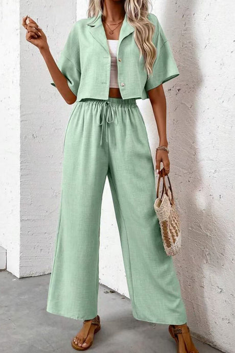 Button-down Crop Shirt Long Pants Set