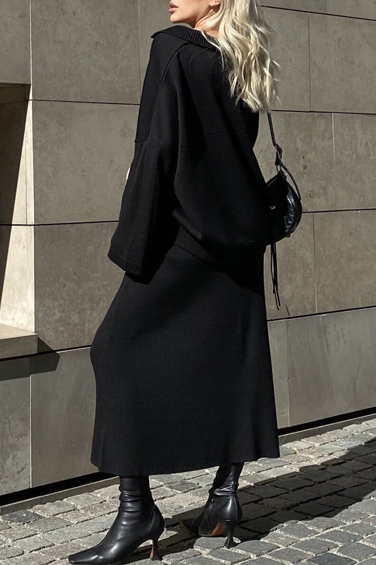 Lapel V Neck Sweater Skirt Set