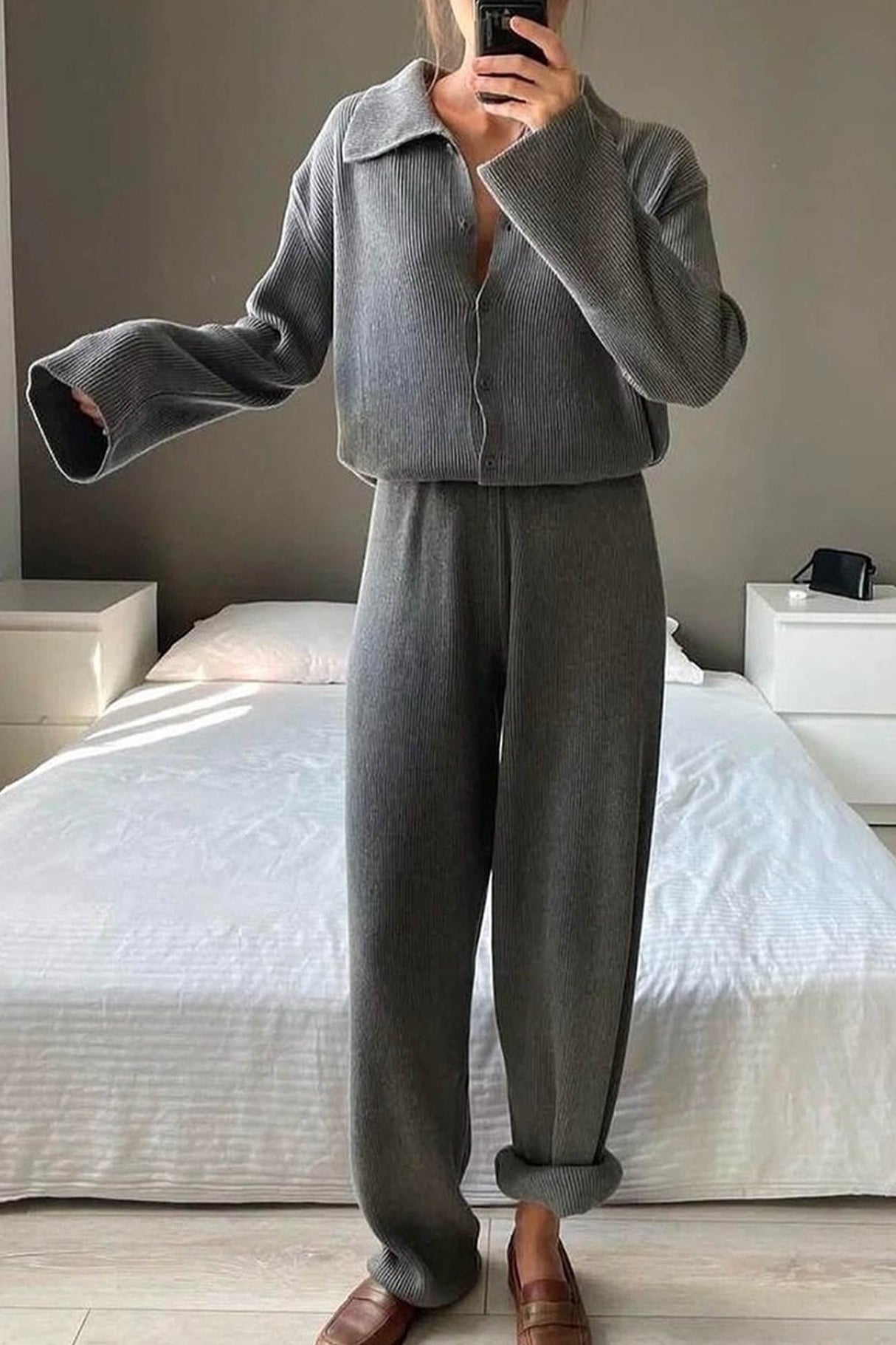 Lapel Button-down Ribbed Knit Two-piece Set