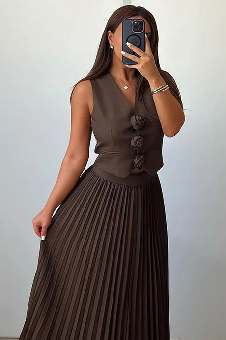 3D Floral Vest Pleated Maxi Skirt Set
