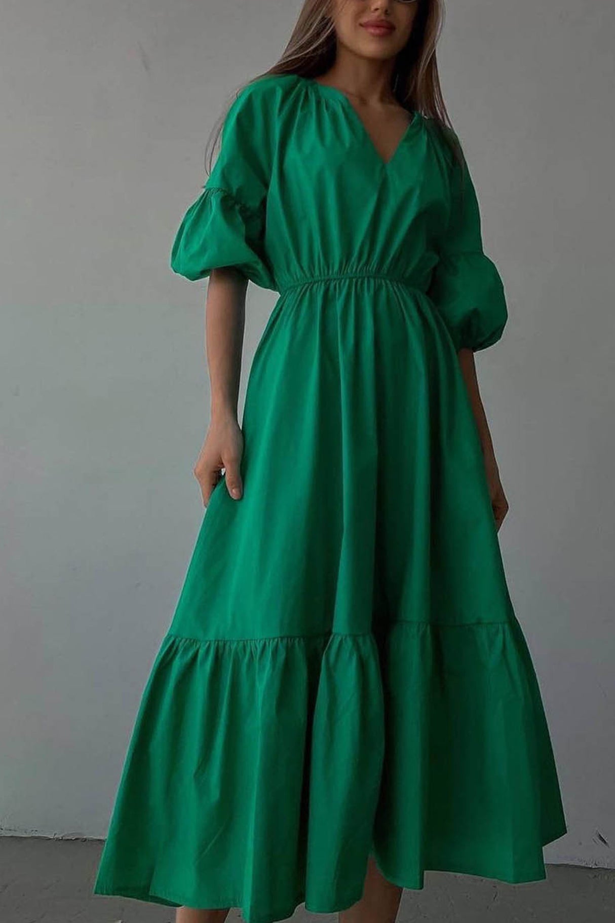 Arolora Half Sleeve V Neck High Waist Midi Dress