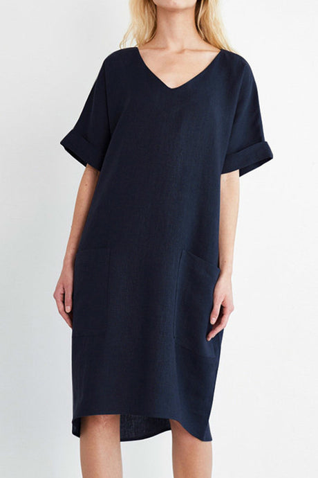 Arolora V-Neck Short Sleeve Pocketed Cotton Dress
