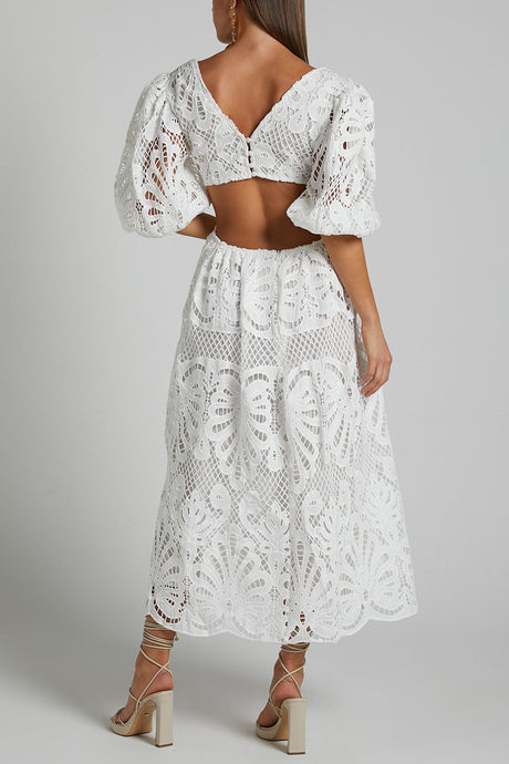 Arolora V-neck Lace Embroidery Hollow Waist Dress