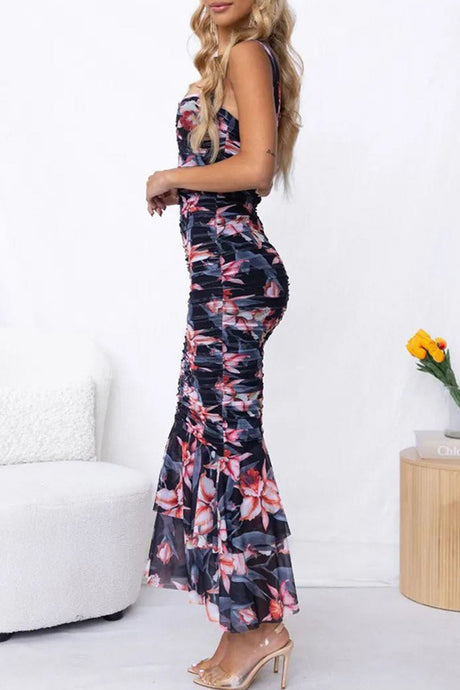 Arolora Floral Print Ruched Fishtail Dress