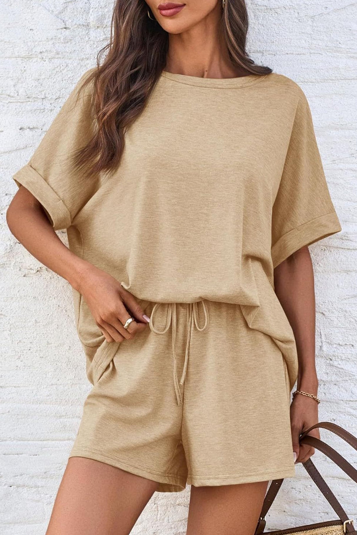 Arolora Solid Color Bat Sleeve T-shirt Shorts Set