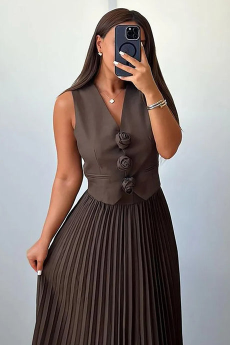 3D Floral Vest Pleated Maxi Skirt Set