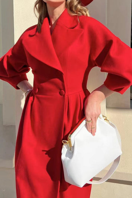 Lapel Lantern Sleeve Button-down Long Coat
