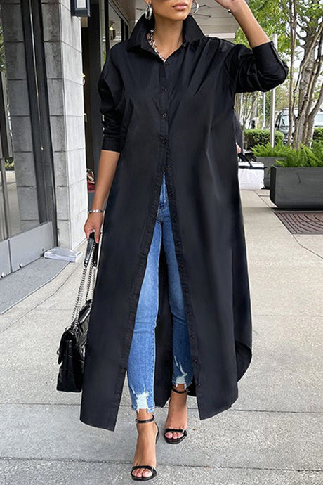 Solid Color Single-breasted Long Blouse