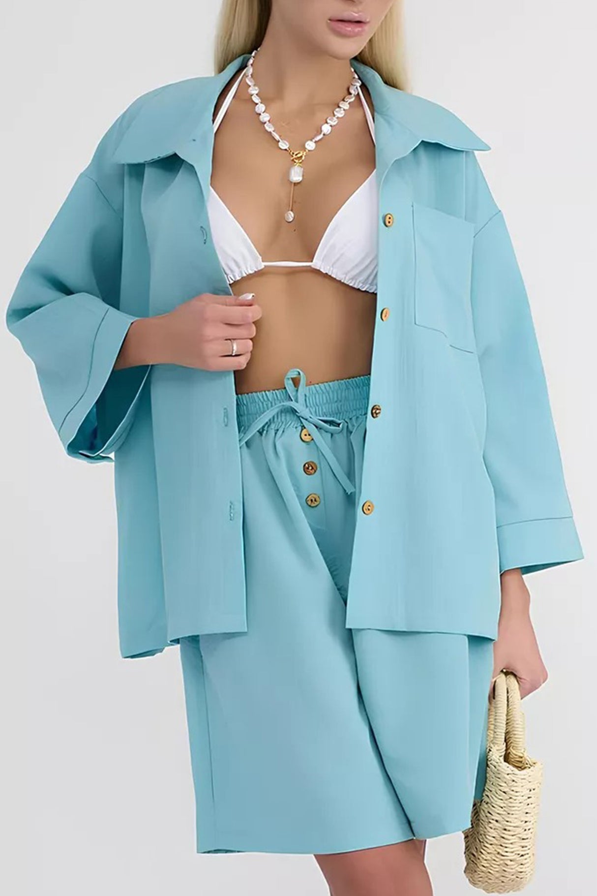 Solid Color Shirt Single-breasted Bermuda Shorts Set