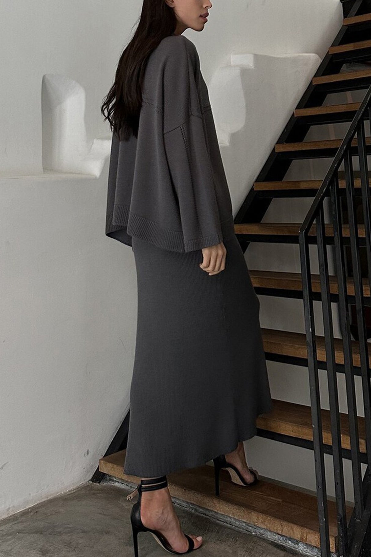 Lapel V Neck Sweater Skirt Set