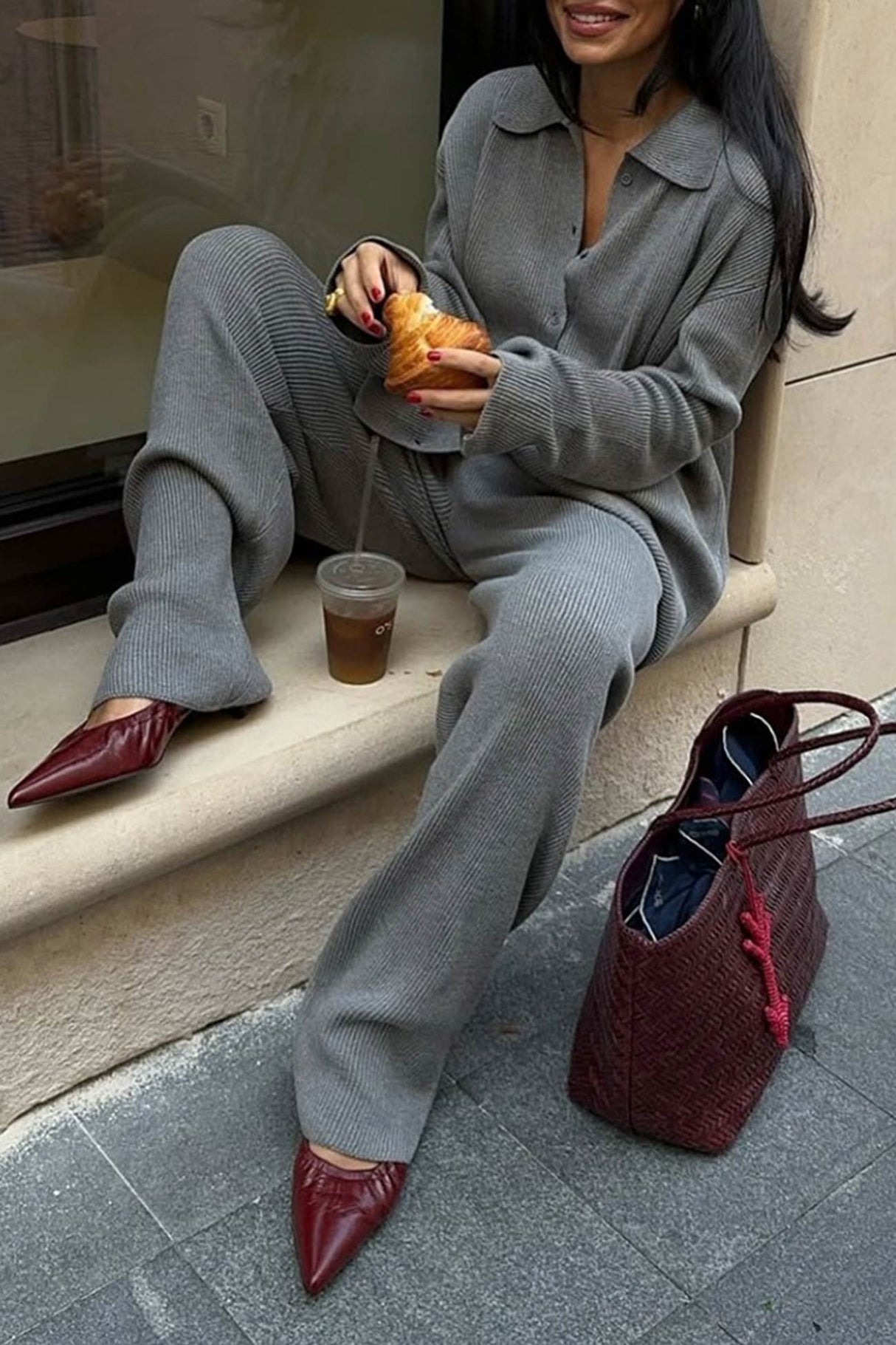 Lapel Button-down Ribbed Knit Two-piece Set