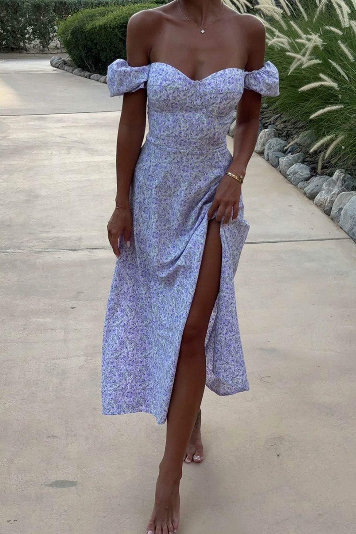 Floral Puff Sleeve Tie-back Slit Dress