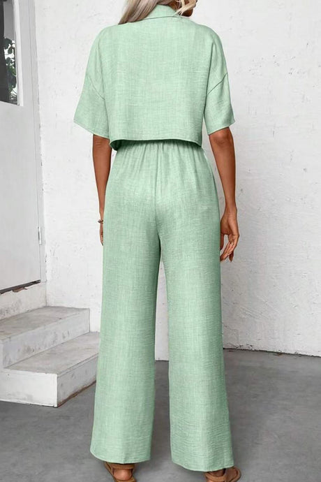 Button-down Crop Shirt Long Pants Set