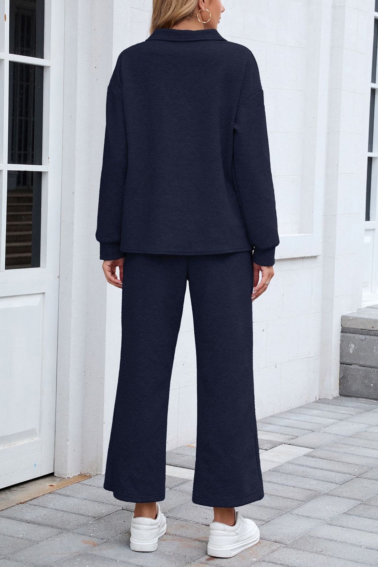 Lapel Long Sleeve Textured Sweashirt Set