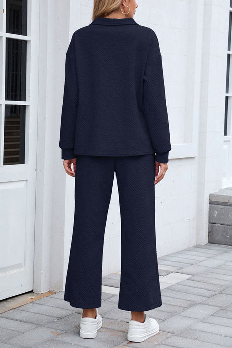 Lapel Long Sleeve Textured Sweashirt Set