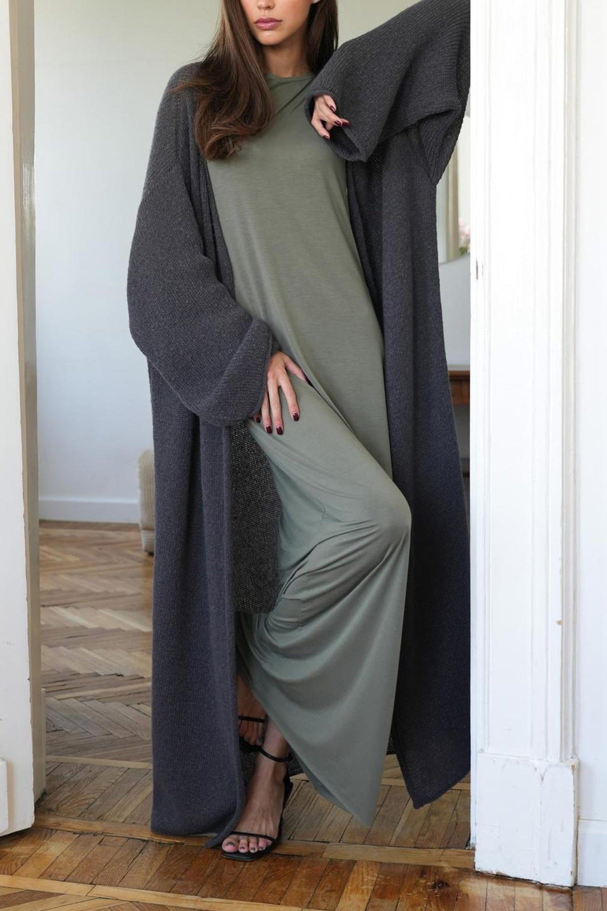 Solid Color Open Front Long Cardigan