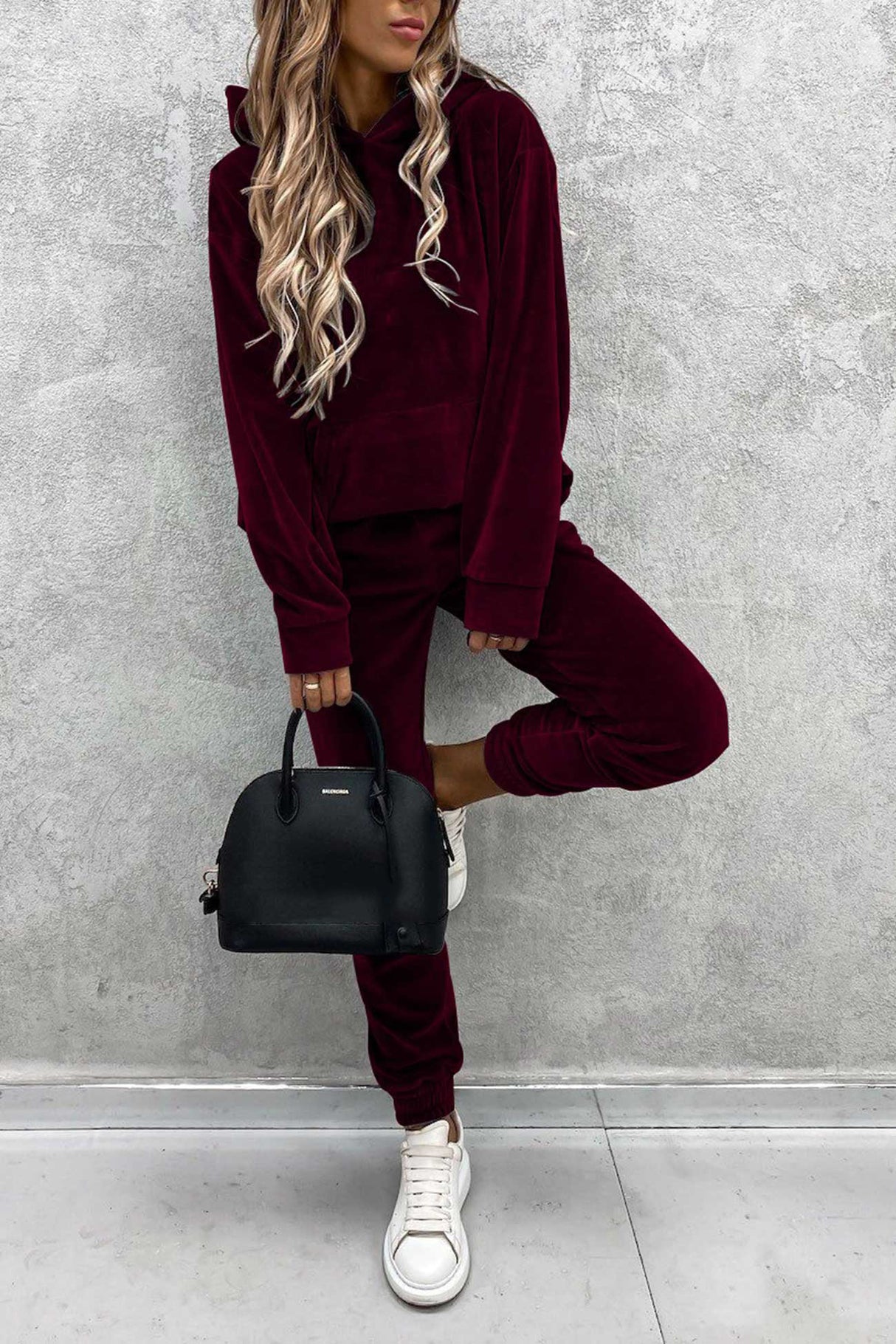 Velour Solid Color Hoodie Long Pants Set